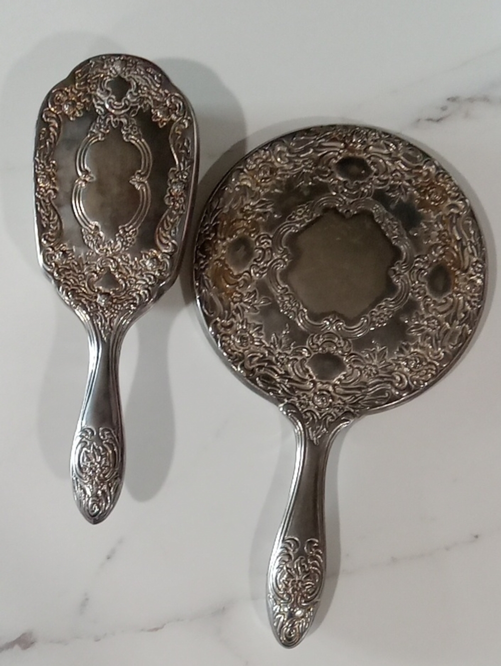 Ornate Vintage Silver-plated Vanity Mirror and Brush Set - Elegant Floral Design